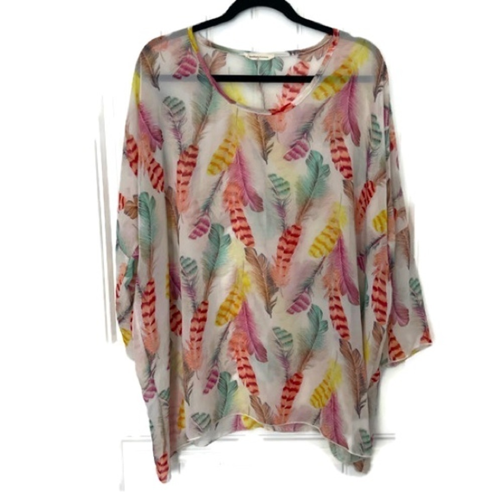 Newbury Kustom Boho Multicolor Feather Print Lightweight Sheer Tunic Top; Small